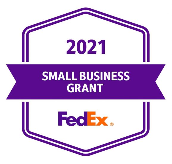 Competition badge/banner/certificate, in purple font the banner in the middle says Small Business Grant, with the FedEx logo below and 2021 above