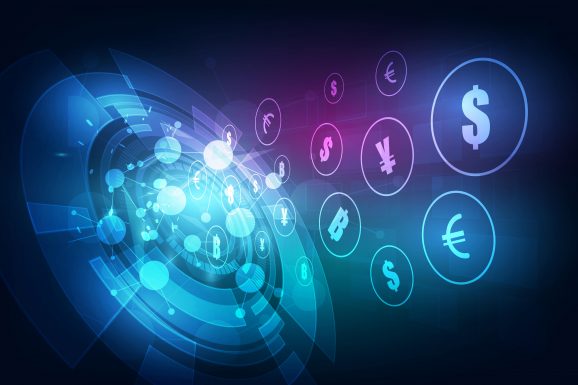 International currencies flying out of a digital vortex. US Dollar. Pound Sterling. Yen. Bitcoin. Money transfer. Global Currency. Stock Exchange. Stock vector illustration.